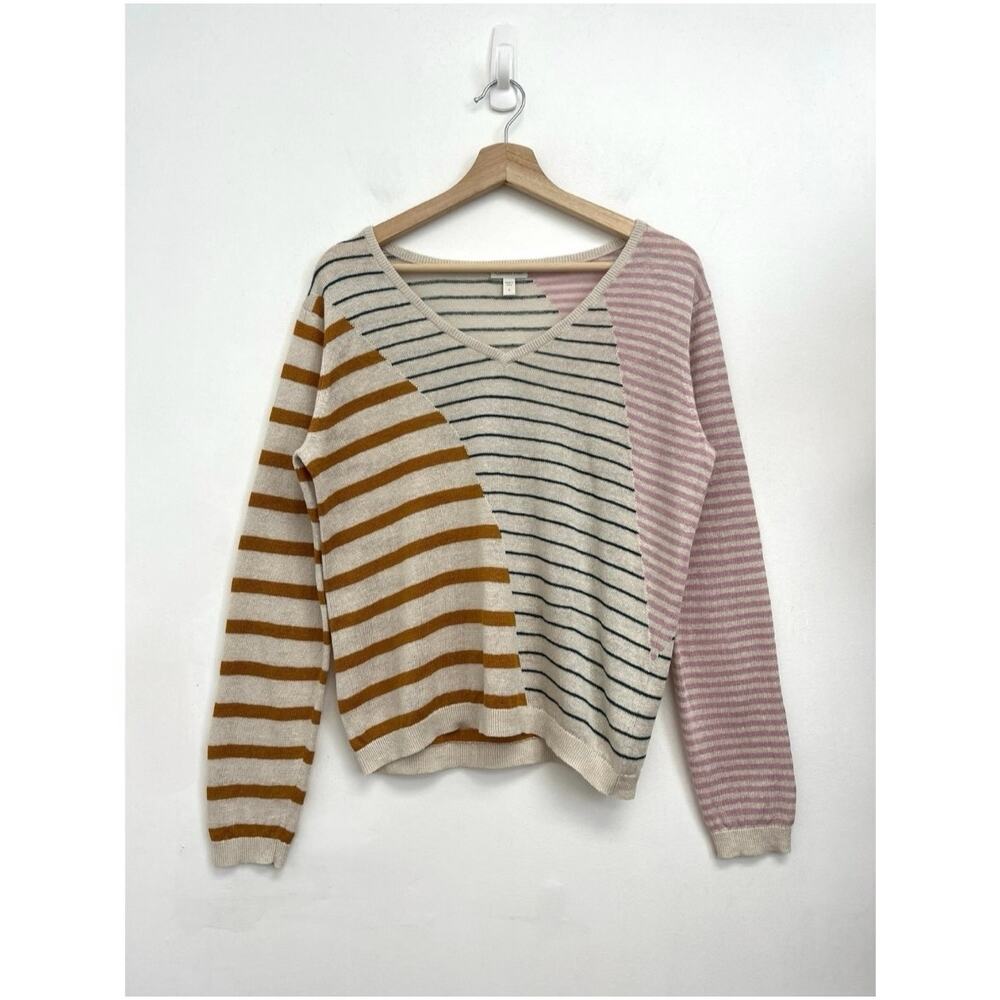 Garnet Hill Relaxed Linen Mixed Stripe V-Neck Sweater Colorful Coastal - Small